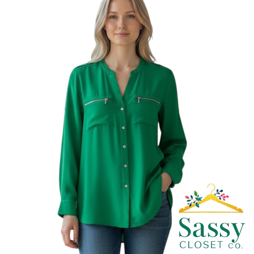 Calvin Klein Green Career Blouse V Neck Zipper Pocket Roll Up Sleeve Size M EUC